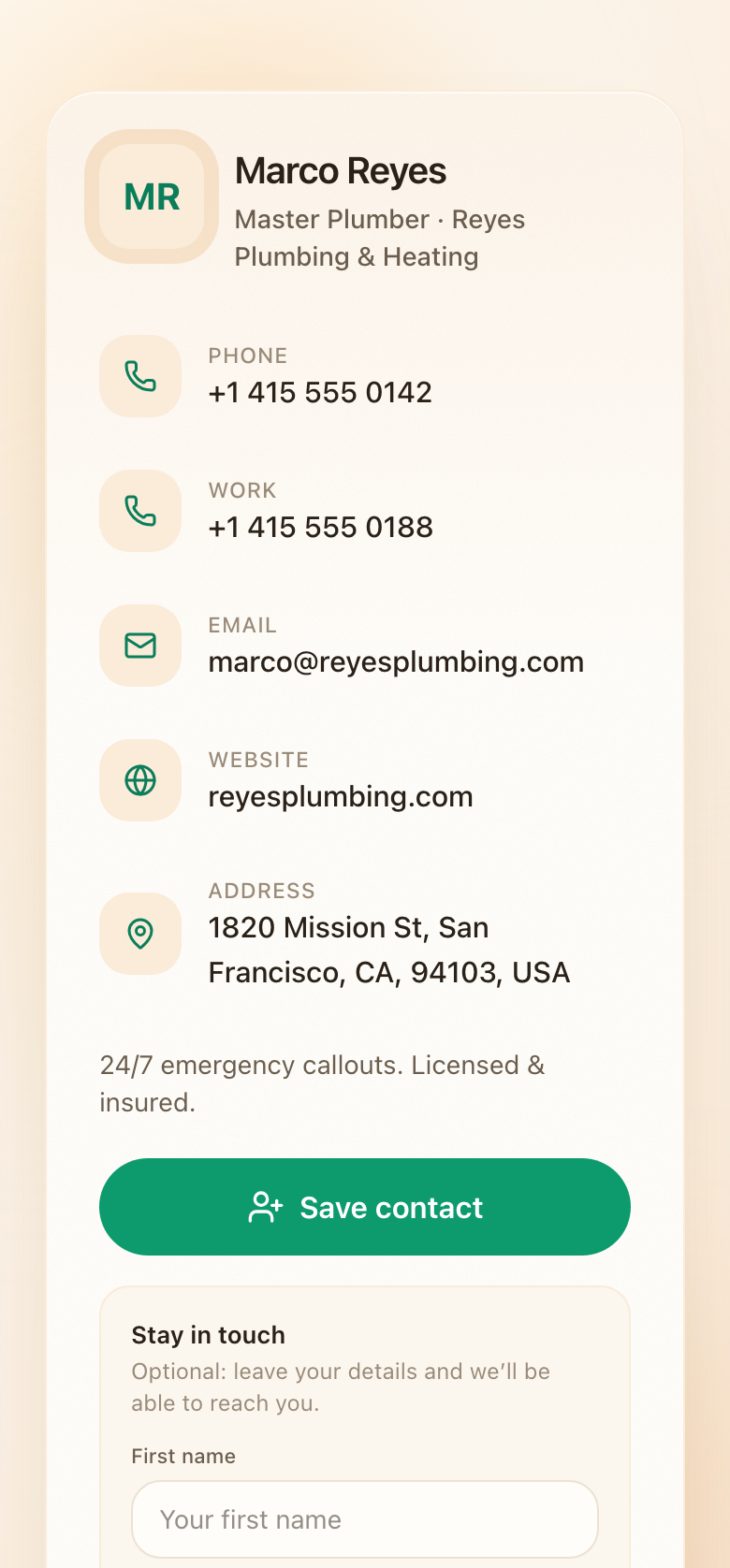 A Warm-style digital business card for Reyes Plumbing with save-contact