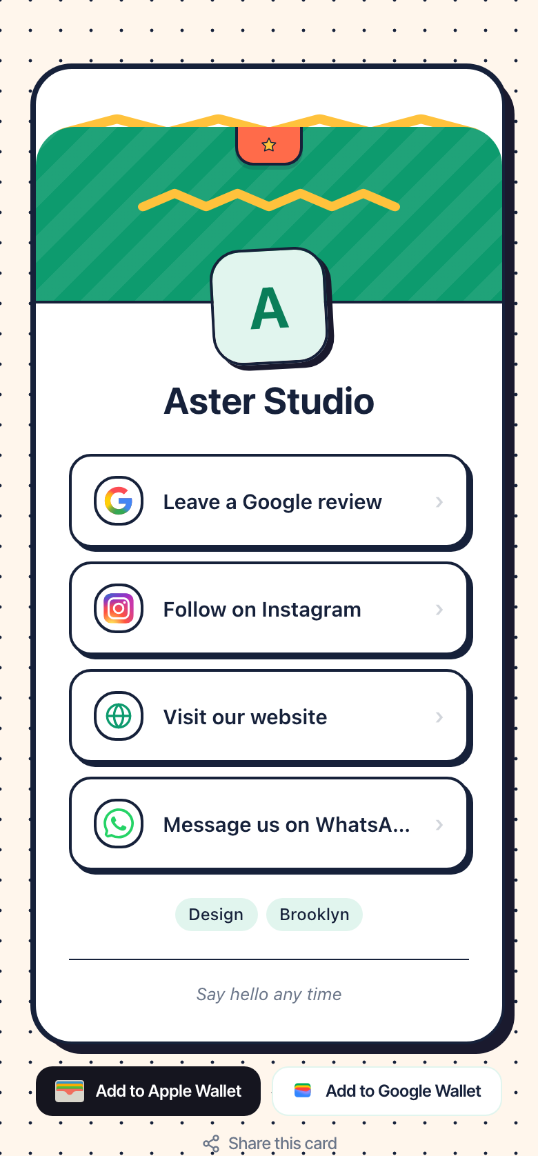 A Funky-style link page for Aster Studio with branded link buttons