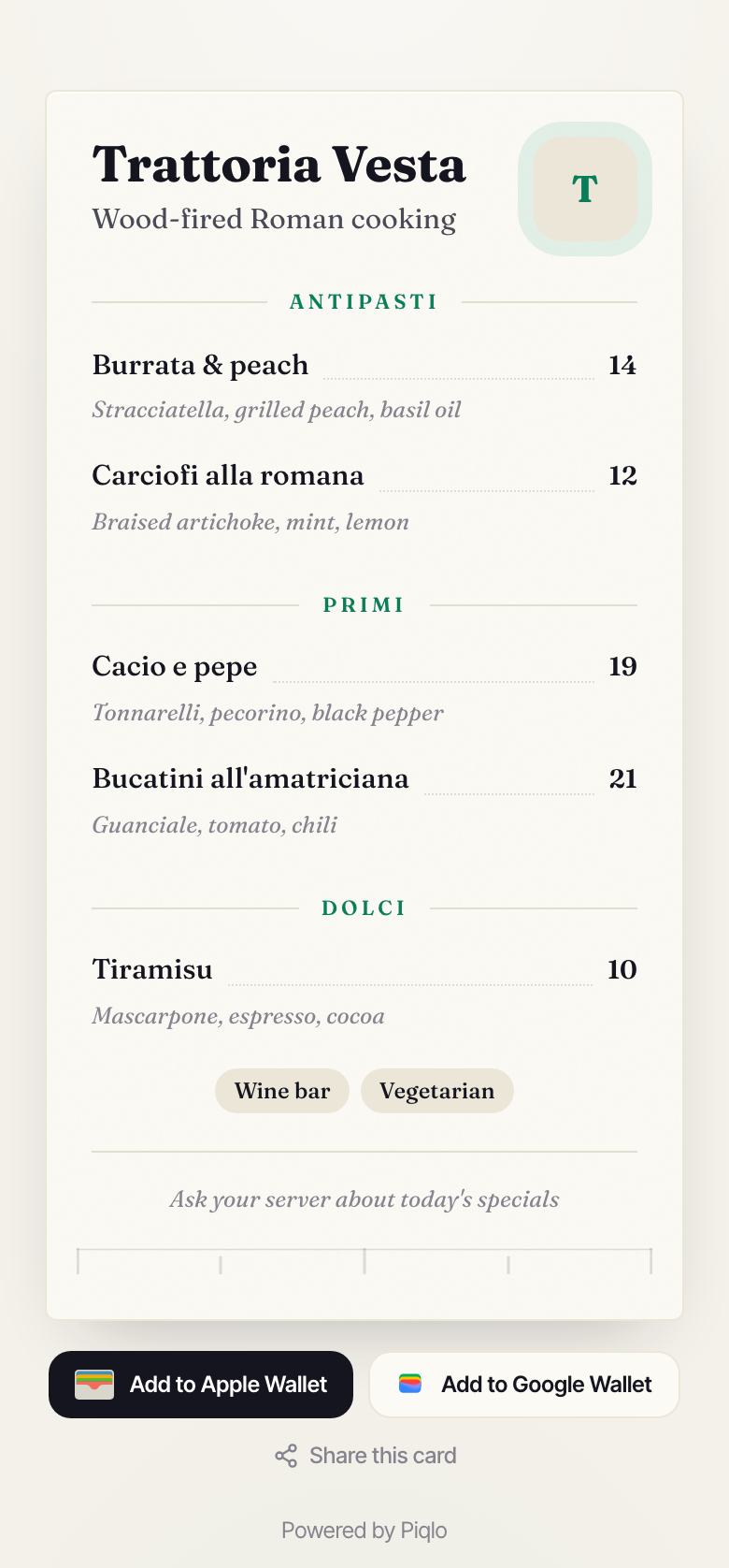 A Classic-style hosted menu for Trattoria Vesta with dishes and prices