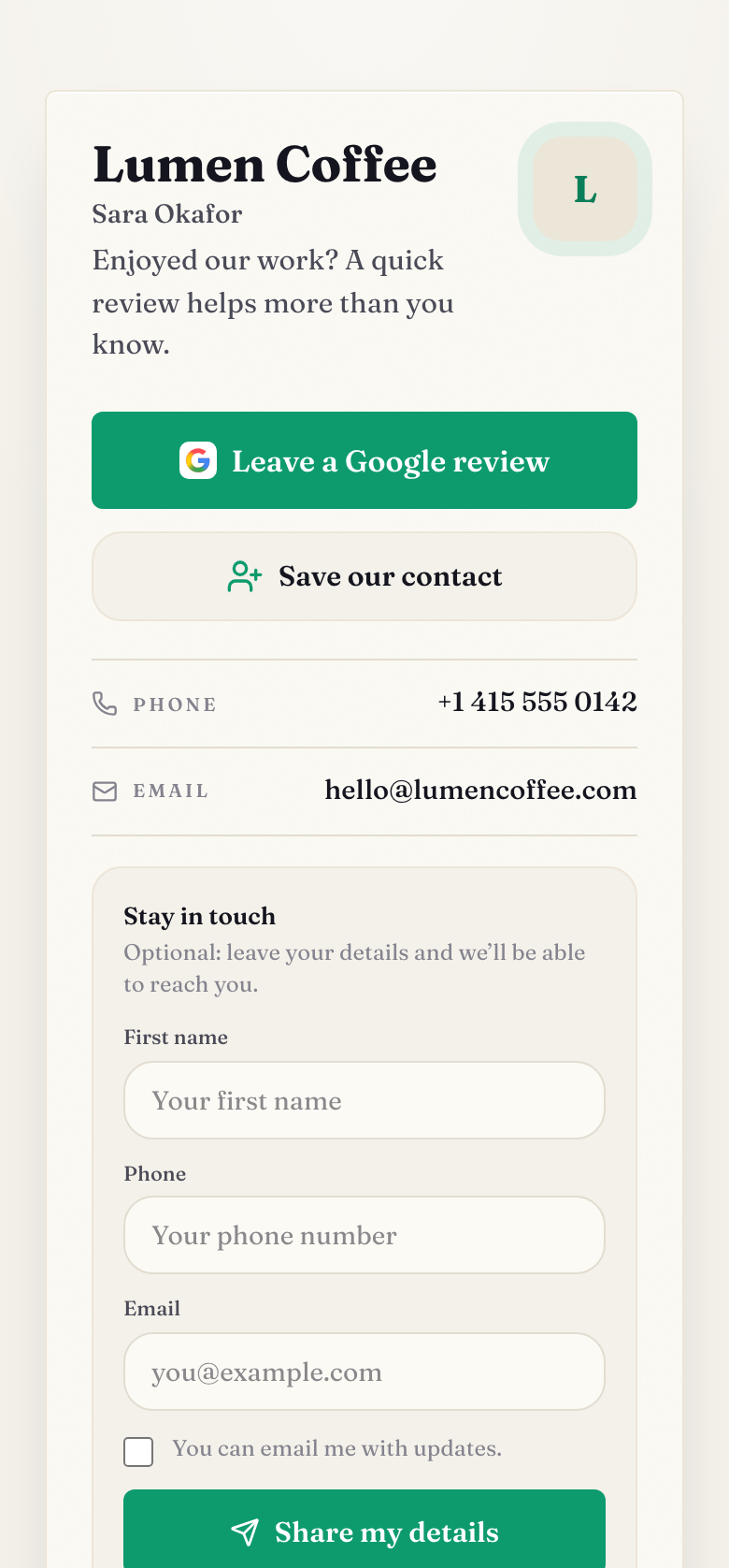 A Classic-style review card for Lumen Coffee with a Leave a Google review button